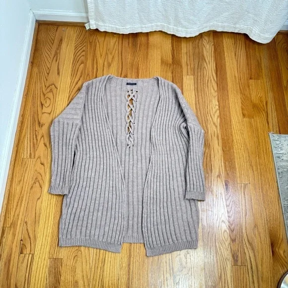 MADE IN ITALY Artsy Minimalist Lagenlook Mohair Wool Blend Ribbed Open Cardigan - Picture 11 of 14
